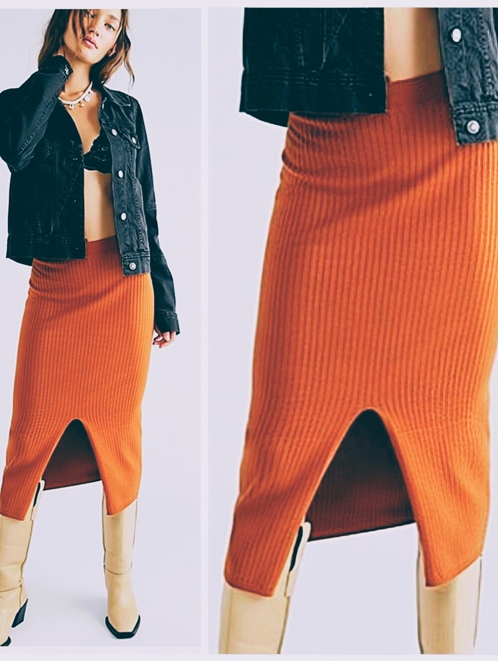 Free People Skyline Midi Ribbed Skirt Vibrant Orange Women's XS Retro 90's Y2K